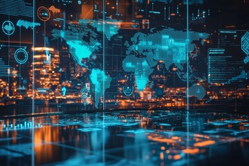 Fototapeta premium A global supply chain network visualized in a high-tech control room, with AI predicting demand, big data optimizing inventory levels, and cloud-based systems ensuring seamless coordination across con