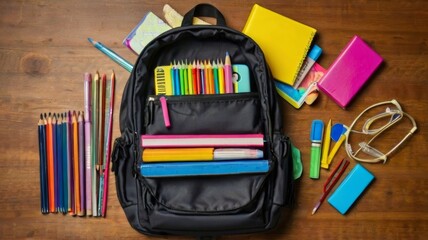 Opened backpack with school supplies