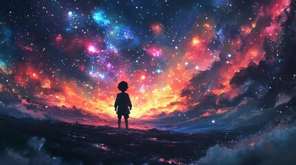 Fantasy Anime Postcard: Galactic Night, Colorful Illustration of Vibrant Cosmic Fantasy