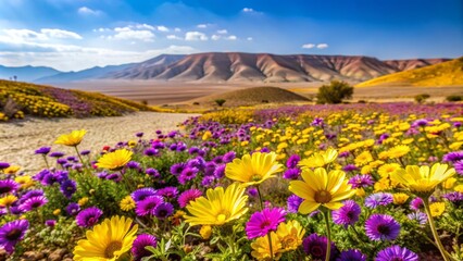 Fototapeta premium Vibrant purple and yellow flowers bloom in the vast, arid landscape of Israel's Negev Desert, creating a stunning contrast of colors and textures.