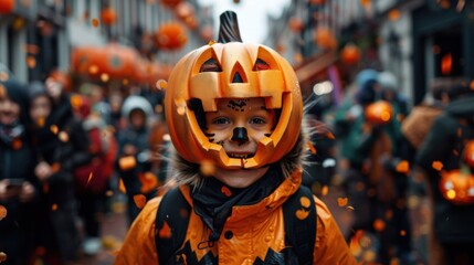 Naklejka premium A young child is wearing a pumpkin costume and smiling for the camera