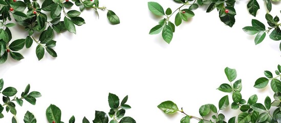 Botanical frame with fresh rosehip leaves and shoots against a white background offering a natural green overlay suitable for collages designs or cards with copy space image