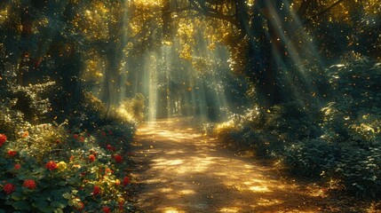 Obraz premium Sunlit Forest Path with Golden Leaves and Red Flowers