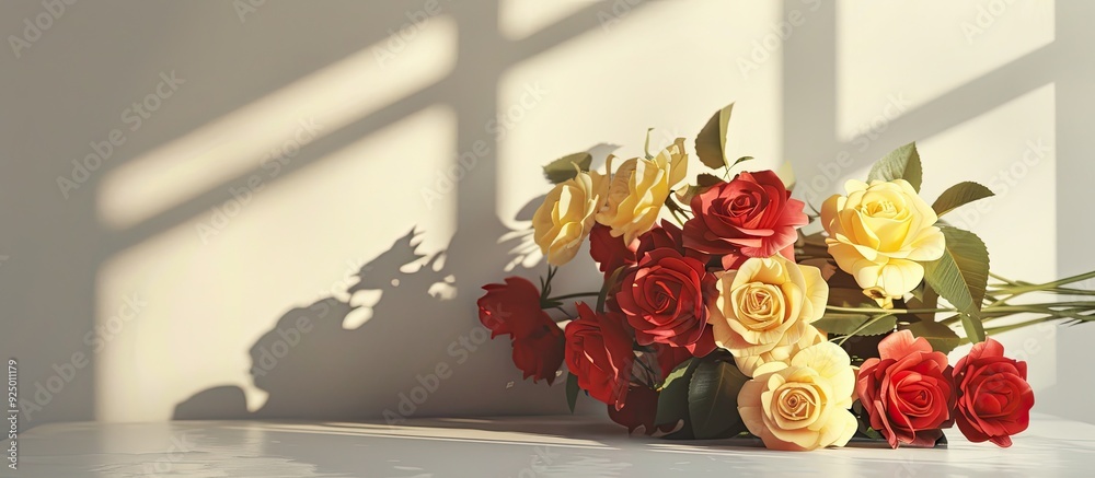 Canvas Prints A white table adorned with a lovely arrangement of red and yellow roses providing a charming copy space image