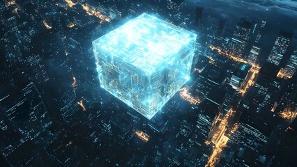 Futuristic Cityscape with Glowing Circuitry Cube.