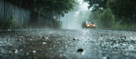 Short term torrential rain causing roads to flood with copy space image available