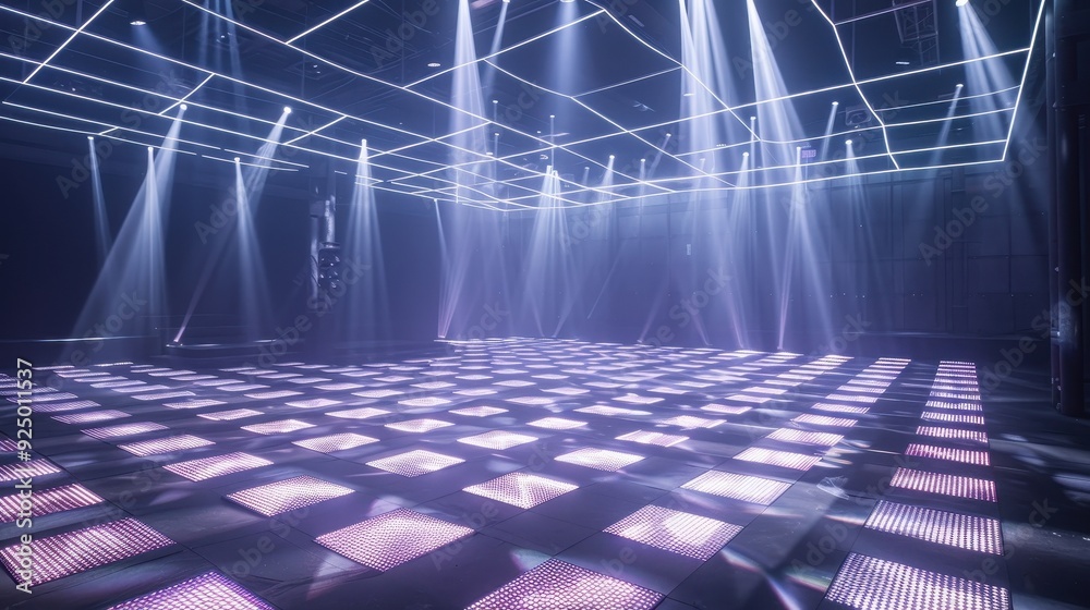 Poster Illuminated checkered floor with geometric lights in a large empty space