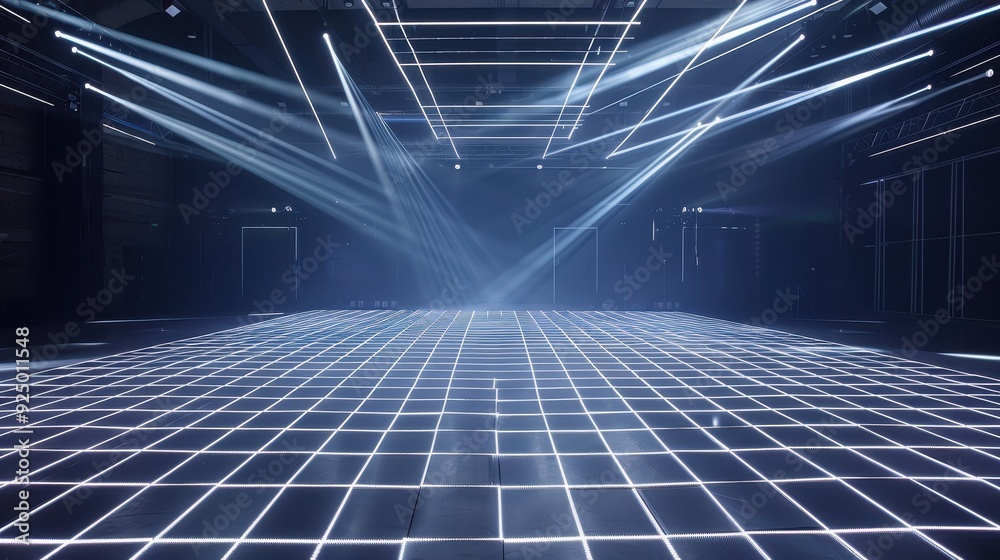 Poster illuminated grid floor in a dark room with spotlight beams