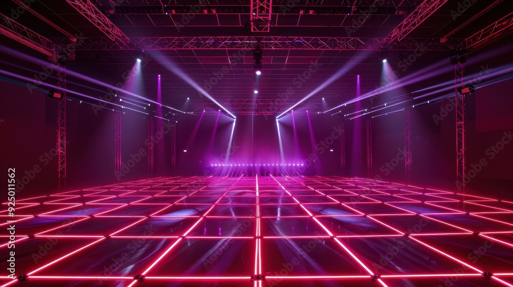 Poster a stage with a grid pattern of neon lights