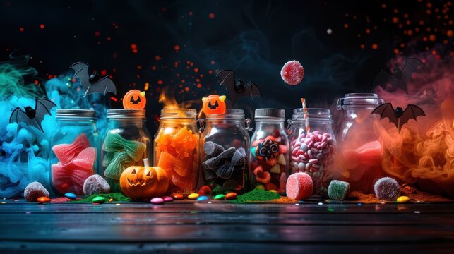 A table with many different colored jars of candy and a pumpkin