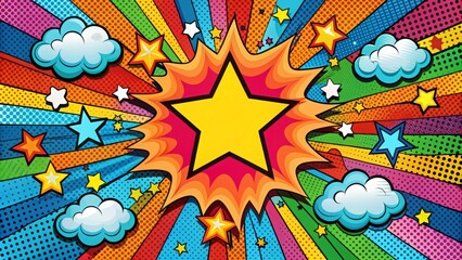 Vibrant, stylized illustration of various comic book-inspired elements, including speech bubbles, stars, and action lines, forming a playful, graphic pattern on a bold colored background.