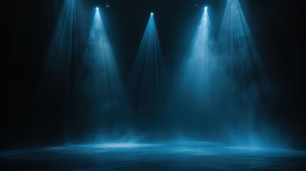 Three Blue Spotlights on a Dark Stage with Fog
