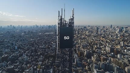 A 5G transmission tower with a cityscape in the background, showing the integration of technology in urban environments, with ample copy space.