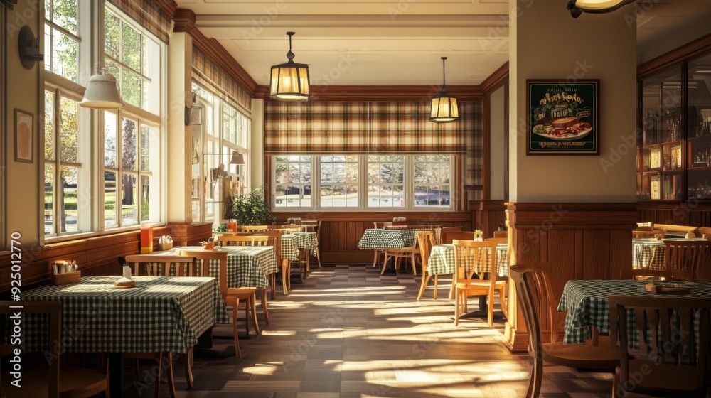 Aufkleber Sunlight streams through large windows onto checkered tables in a casual dining area, creating a warm and inviting atmosphere.