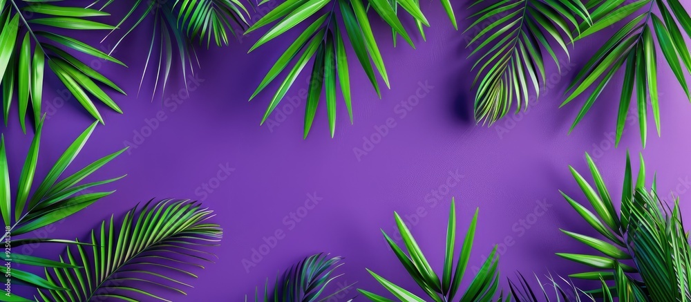 Canvas Prints coconut leaves pattern on a purple abstract summer concept background ideal for showcasing copy spac