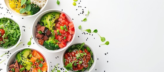 Delicious poke bowls for takeout on a white backdrop with a blank space for images. Copy space image. Place for adding text and design