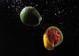 A Watermelon and Avocado Slice Falling in Water With a Dark Background