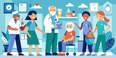 Naklejka premium Care for the elderly. Nurses help and care for the health of older men and women in a nursing home or hospital. Vector illustration 