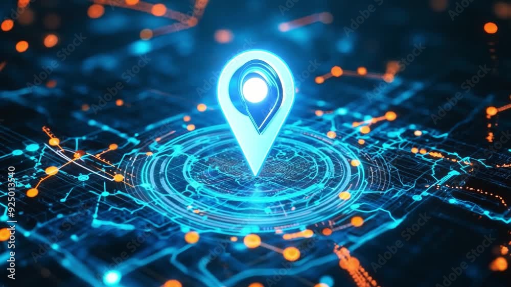 Poster a digital map displays a location marker against a network of glowing lines and points, representing