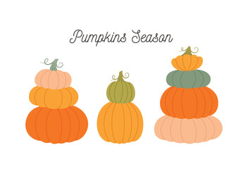 Pumpkins stacks set. Harvest festival. Pumpkins Season postcard. Flat style illustration of vegetables isolated on white background