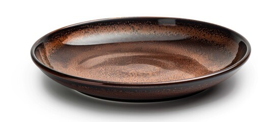 Brown ceramic plate with a dark brown rim placed alone on a white backdrop with a clipping path for copy space image