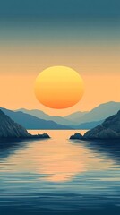 Naklejka premium A serene landscape with a large yellow sun setting over a calm blue body of water with mountains in the background.
