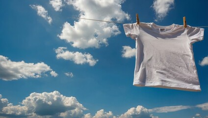 white T-shirt drying against the sky