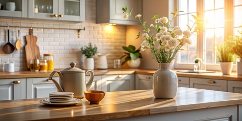 warm inviting cozy morning light soft focus gray kitchen counter ceramic vase