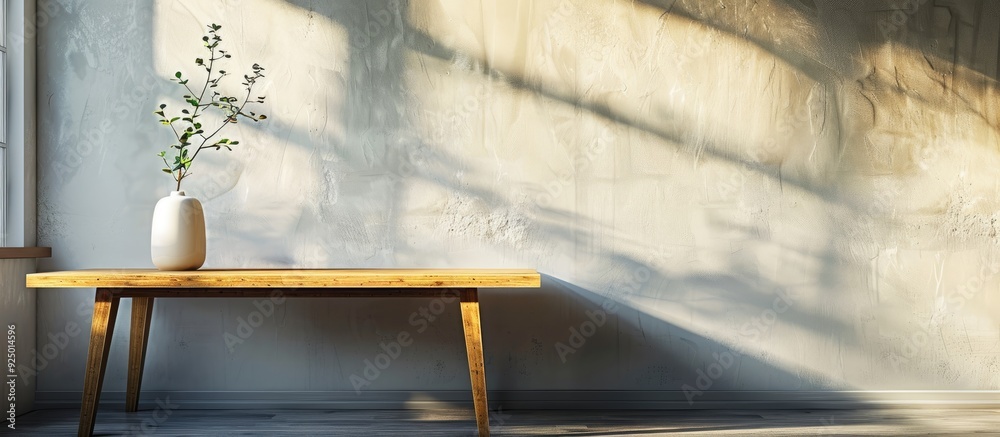 Poster wooden table featured against a wall background with soft window lighting casting subtle shadows ide