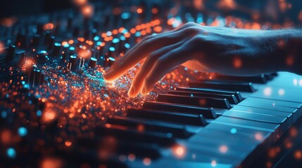 Musician using AI to generate melodies based on different genres, illustrating the creative exploration possible with AI in music