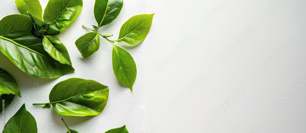 Canvas Prints a minimal style copy space image featuring fresh green leaves on a white paper surface