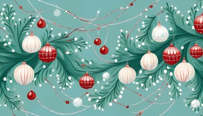 Festive Christmas Garland pattern - A seamless design featuring looping garlands in green background with red and white winter toys. Graphic art illustration seasonal background