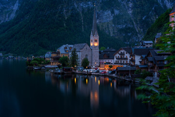 Panoramic view of the village of Hallstatt on Lake Hallstatt in Austria.