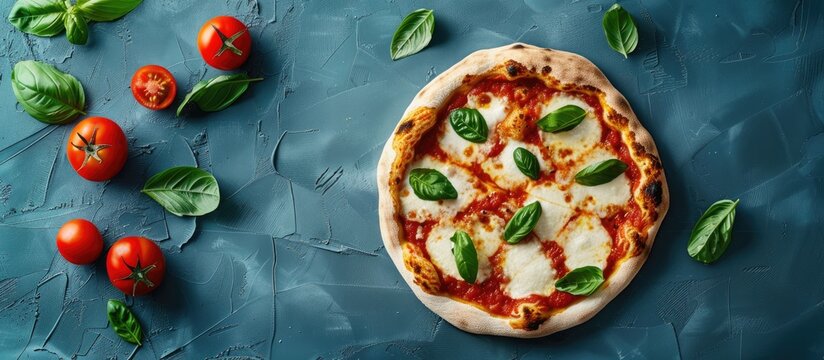 Top down view of homemade margherita pizza with mozzarella fresh basil oregano and tomatoes on a blue textured background ideal for adding text or images copy space image