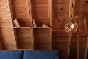Interior of wooden country a-frame house and home decor
