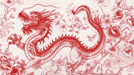 Fototapeta premium Red Dragon with Floral Patterns