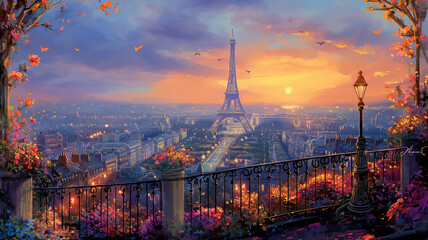 Romantic Sunset Over Paris with Eiffel Tower
