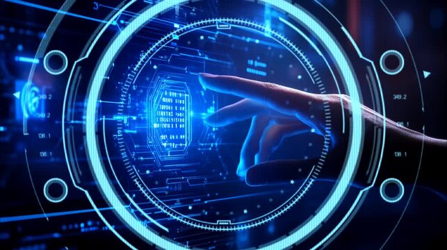 Seamless looping 4k time-lapse animation video background of futuristic holographic interface being manipulated by a hand.
