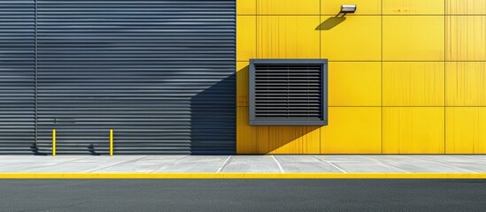 Naklejka premium Side view of an industrial factory entrance with yellow concrete steel louver ventilation and gray aluminum corrugated wall showing copy space image