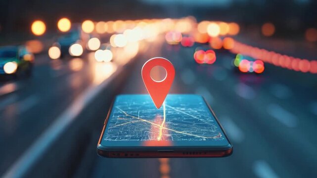 A smartphone shows a navigation map with a location pin while cars drive along a bustling urban road during twilight hours.