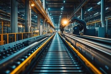 Naklejka premium Modern industrial factory with robotic automation and conveyor system, illuminated by bright lights and advanced machinery.