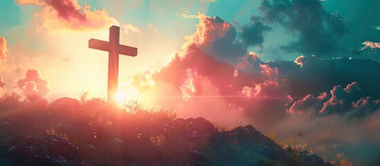 Obraz premium Double exposure image of a cross illuminated by sunlight in the sky with copy space image symbolizing Christianity