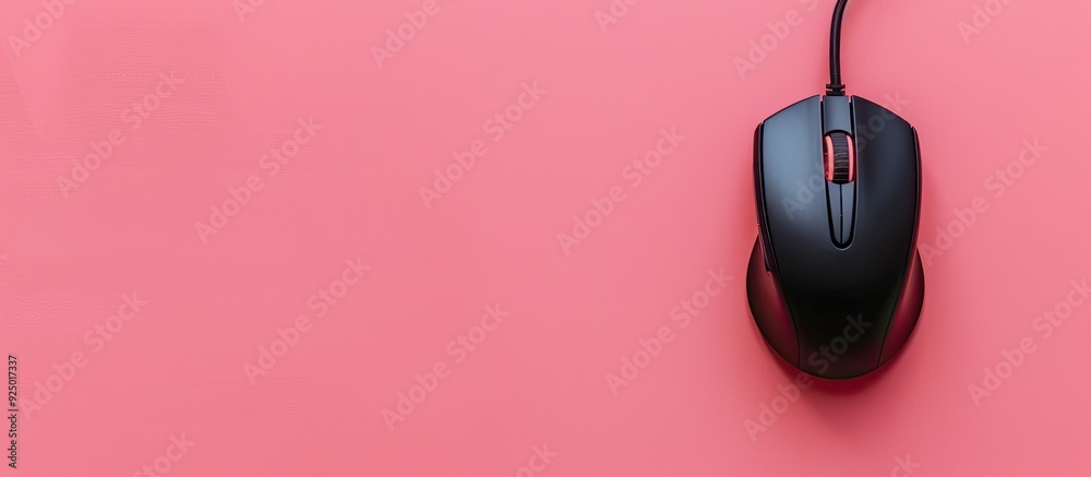Poster top view of a wired mouse and mousepad placed on a pink background with space available for text in 