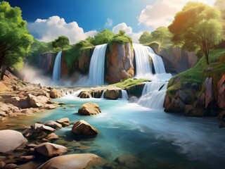Naklejka premium photo Beautiful view of waterfall and mountain landscape Generative AI