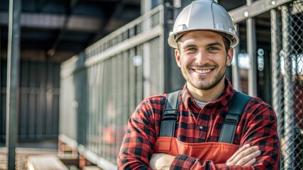 Smiling young construction worker wearing safety helmet and uniform Cross your arms on site background with blank space for text