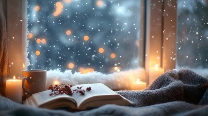A cozy scene with an open book, a cup of coffee, and candles on the windowsill overlooking snow falling outside