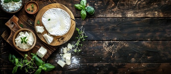 Naklejka premium Fresh appetizer meal with soft goat or sheep cheese from natural milk placed on a rustic table with a copy space image background in a top view