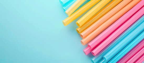 Obraz premium Colorful plastic straws placed in a stack on a colored surface flat layout with space for text or image insertion. Copy space image. Place for adding text and design