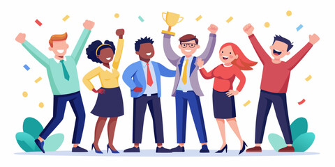 Happy business team celebrating victory. Colleagues rejoice in success and achievements. The concept of successful teamwork
