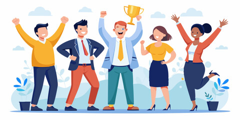 Happy business team celebrating victory. Colleagues rejoice in success and achievements. The concept of successful teamwork
